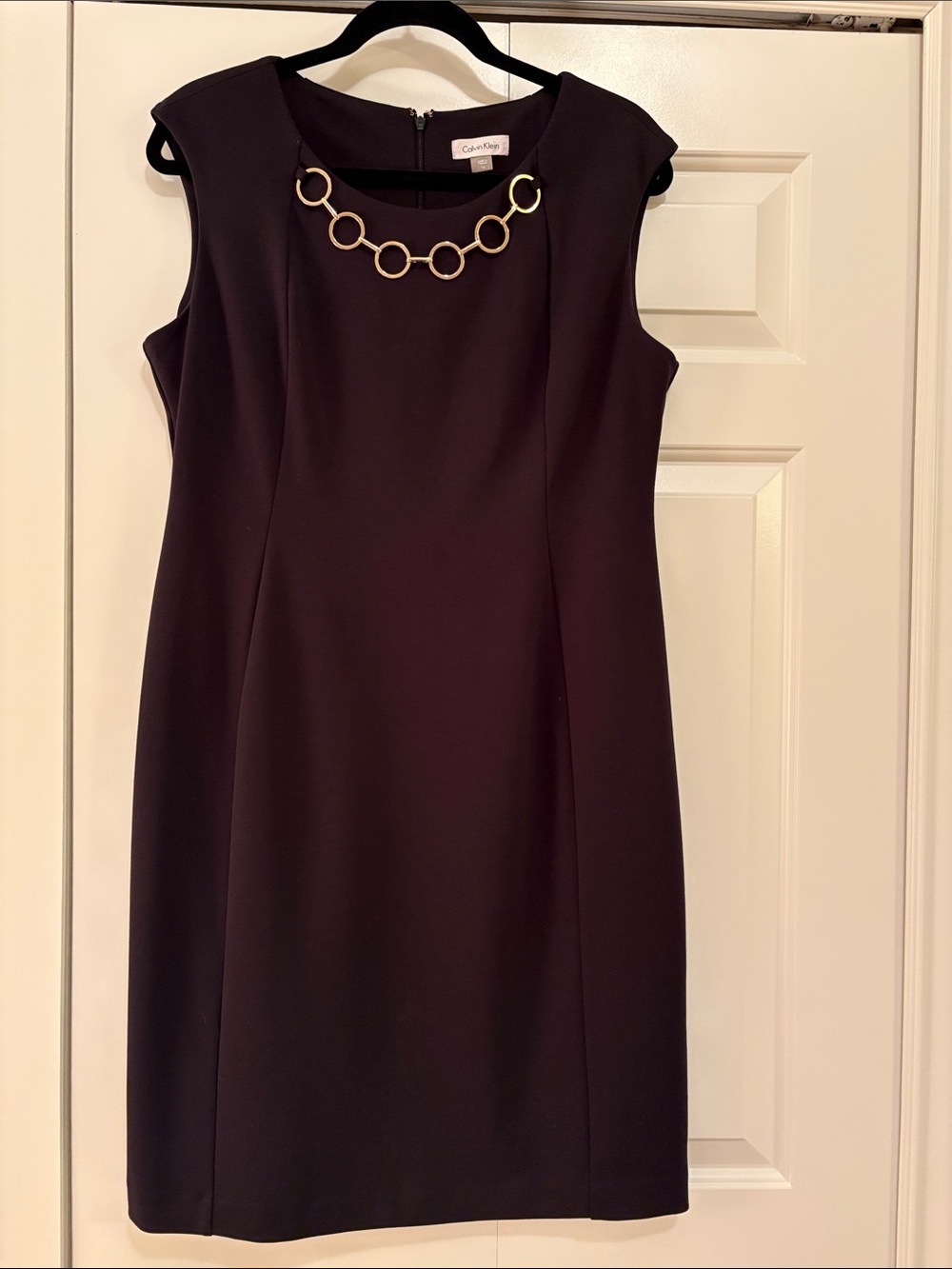 Calvin Klein Sleeveless Sheath Dress with Gold Ring Necklace Detail in Black